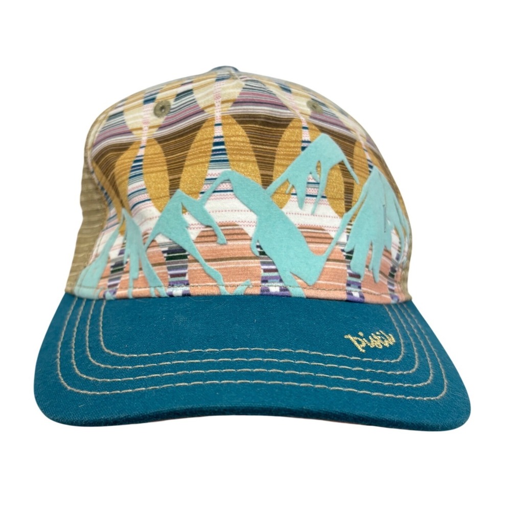 Pistil Mountain Graphic Trucker Hat Teal Tan Mesh Snapback Adjustable Cap